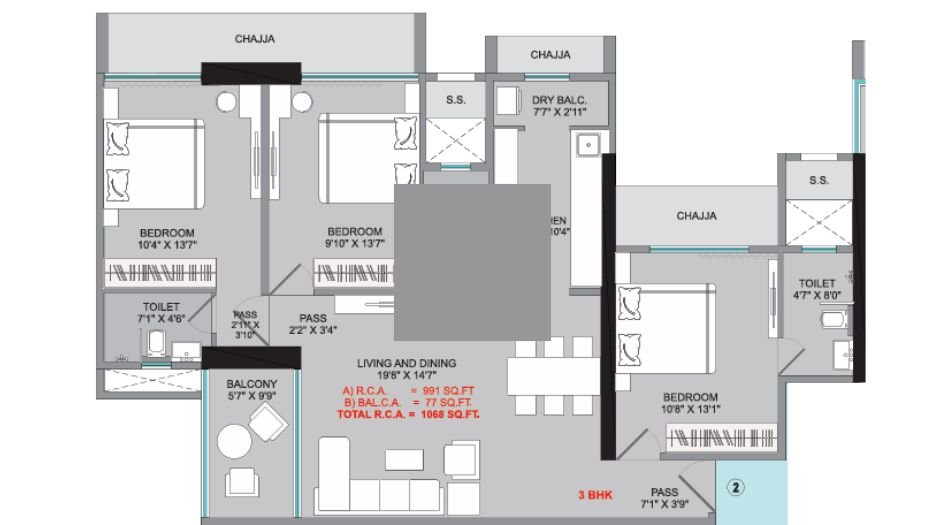 Sumit-KMR-Param-Floor-Plan-3 BHK-991 Sqft